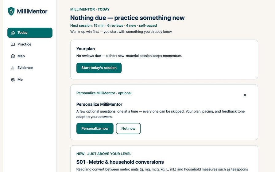 MilliMentor Today screen showing the next session: 15 minutes, 6 reviews, 4 new skills