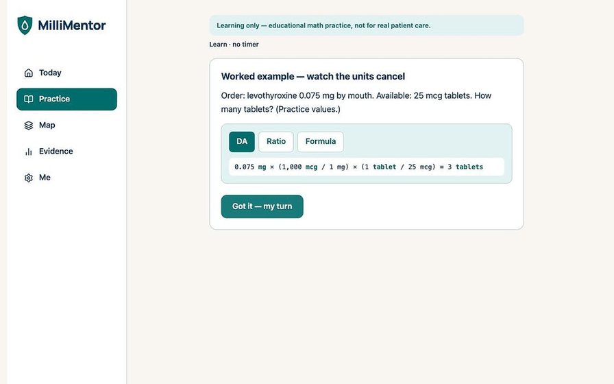 Worked example: 0.075 mg times 1,000 mcg per mg times 1 tablet per 25 mcg equals 3 tablets